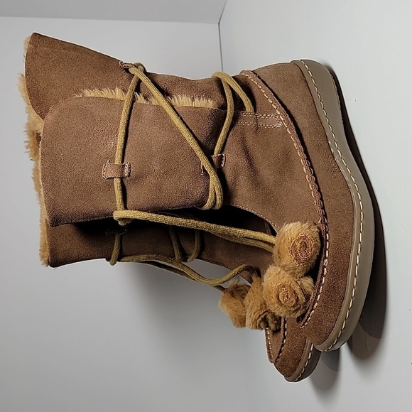 Steve‎ Madden P-Pop Boots Moccasins Suede Faux Fur Tie Pompoms Mid-Calf Brown 7 - Picture 5 of 12
